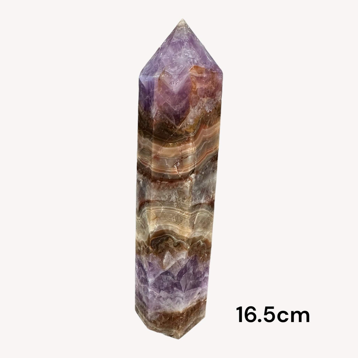 Front view of a small Crazy Lace Agate and Amethyst Crystal Generator (16.5cm high). The intricate patterns and calming hues make it a captivating addition to any crystal collection.