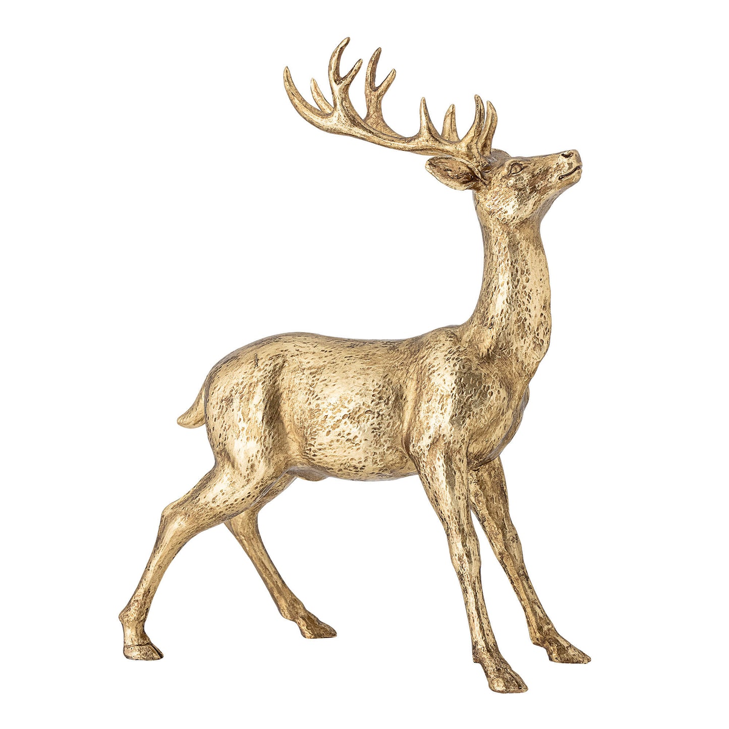Keera Deer by Bloomingville standing upright, perfect for Christmas decoration. Made of polyresin in a beautiful gold look. Size: 36.5cm in height, 27cm in length, and 11cm in width. Style with small decorative trees and candlesticks for a festive windowsill display.