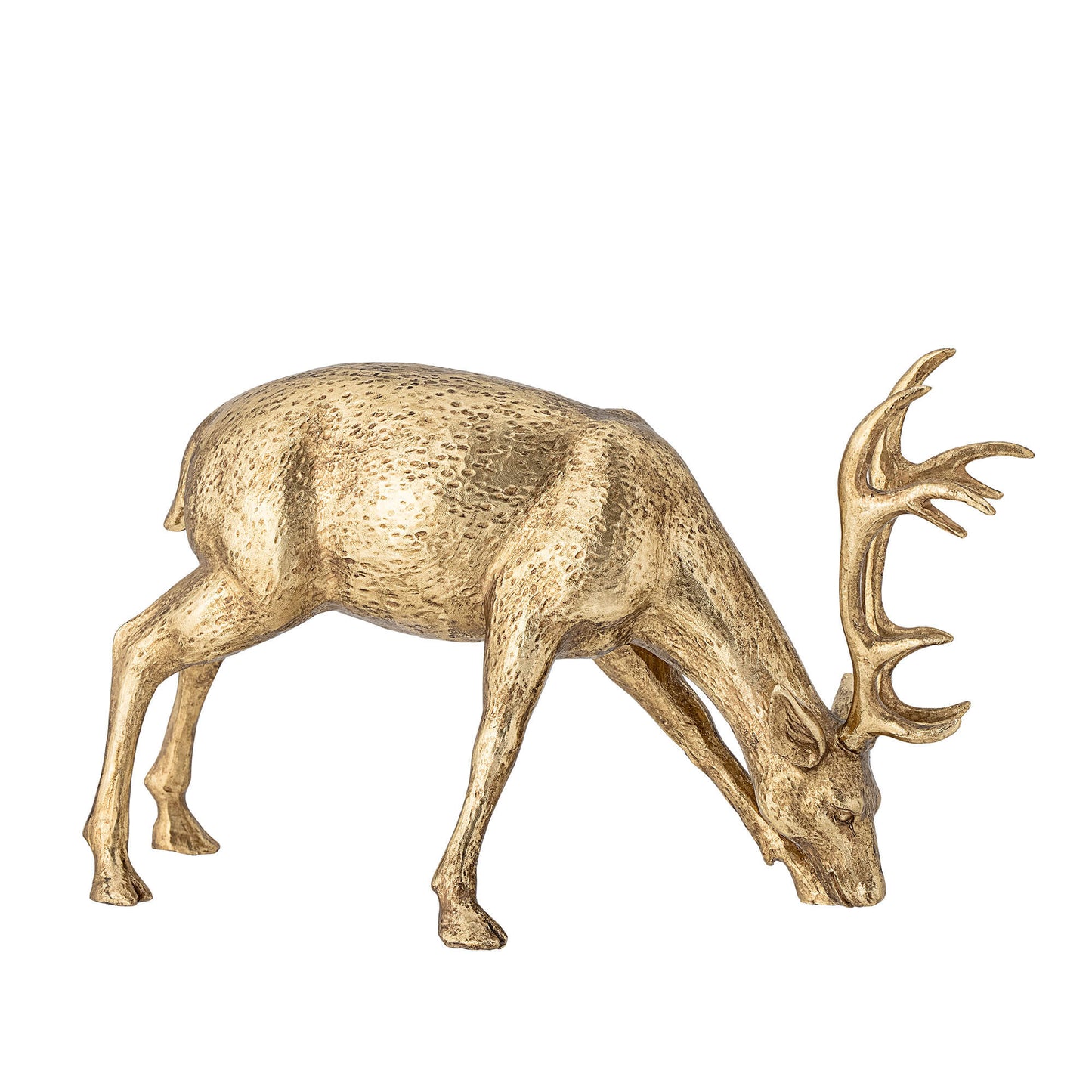Keera Deer by Bloomingville - A decorative deer made of polyresin in a beautiful gold look. Perfect for styling on the Christmas table or any festive setting. Dimensions: 19cm in height, 33cm in length, and 13cm in width
