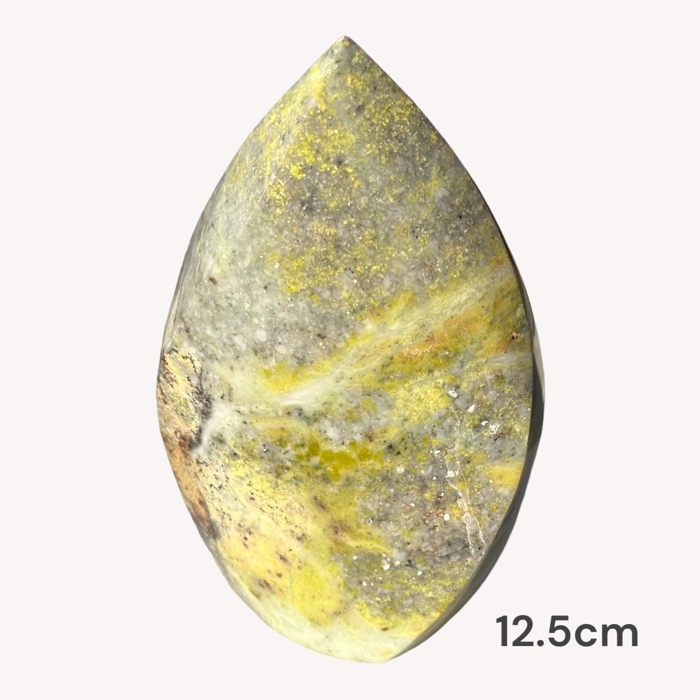 Front view of a Lemon Serpentine Crystal Flame measuring 12.5cm high.