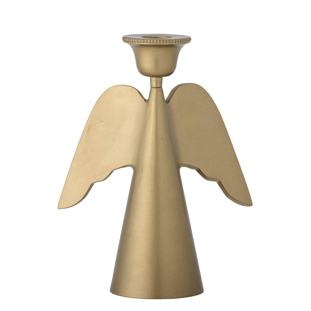 Front view of the Marica Candlestick by Bloomingville, an elegant brass candlestick featuring an angel motif. Ideal for creating a festive Christmas ambiance on tables or windowsills. Size: 20cm(H) x 15cm(W).