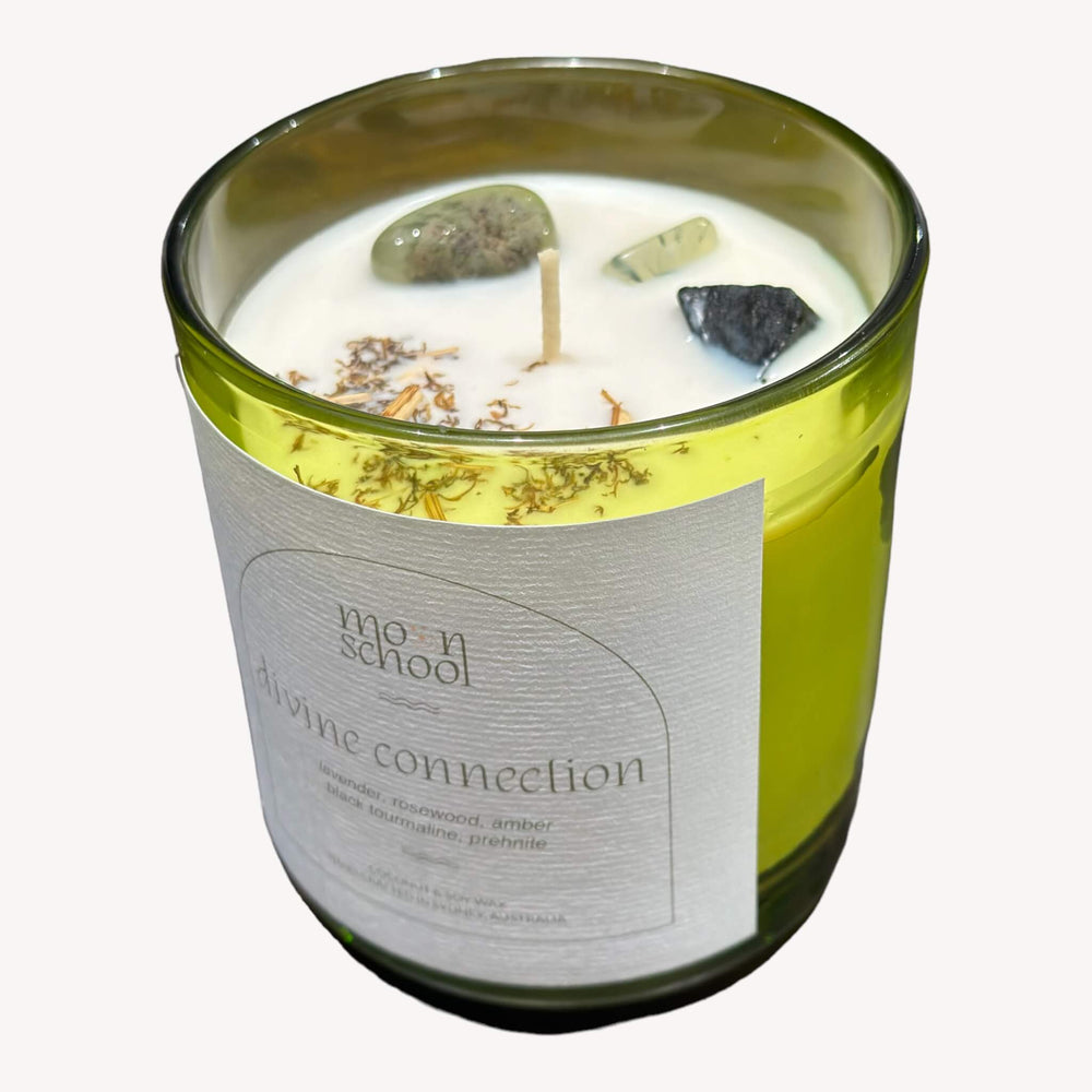 
                  
                    Top view of Moon School's DIVINE CONNECTION Crystal Candle in the large size (400mls). Topped with Black Tourmaline and Prehnite crystals, this candle invites a divine connection, combining fragrances of lavender, rosewood, and amber for a spiritually enriching ambiance.
                  
                