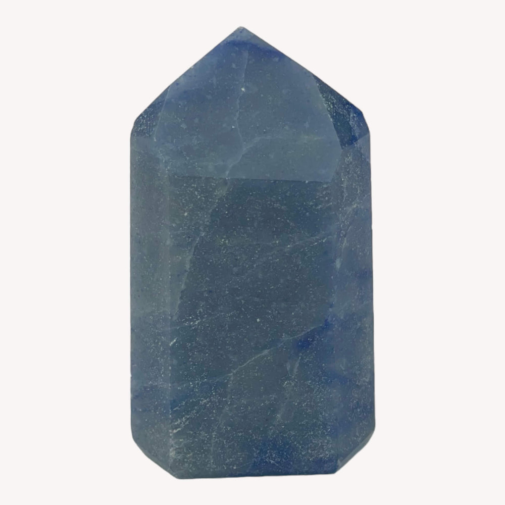 Front view of a small Blue Quartz Crystal Generator (Dumortierite). The compact size doesn't diminish its beauty, with vibrant blue hues and distinct patterns, perfect for personal energy work.