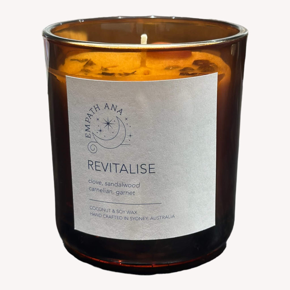 Medium Revitalise Crystal Candle - Calming Clove and Sandalwood Fragrances, Carnelian and Garnet Crystals.