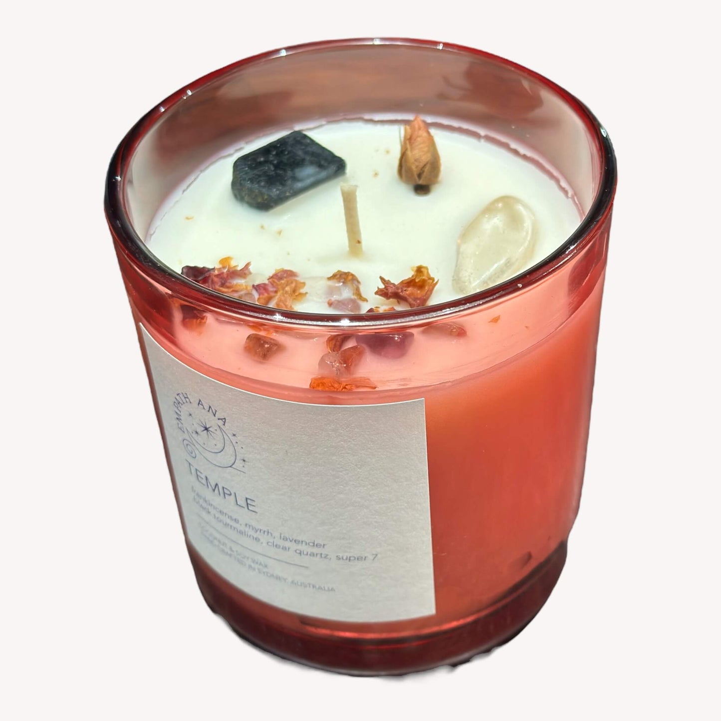 Top view showing crystal decor of Empath Ana's Temple Crystal Candle (Large size).