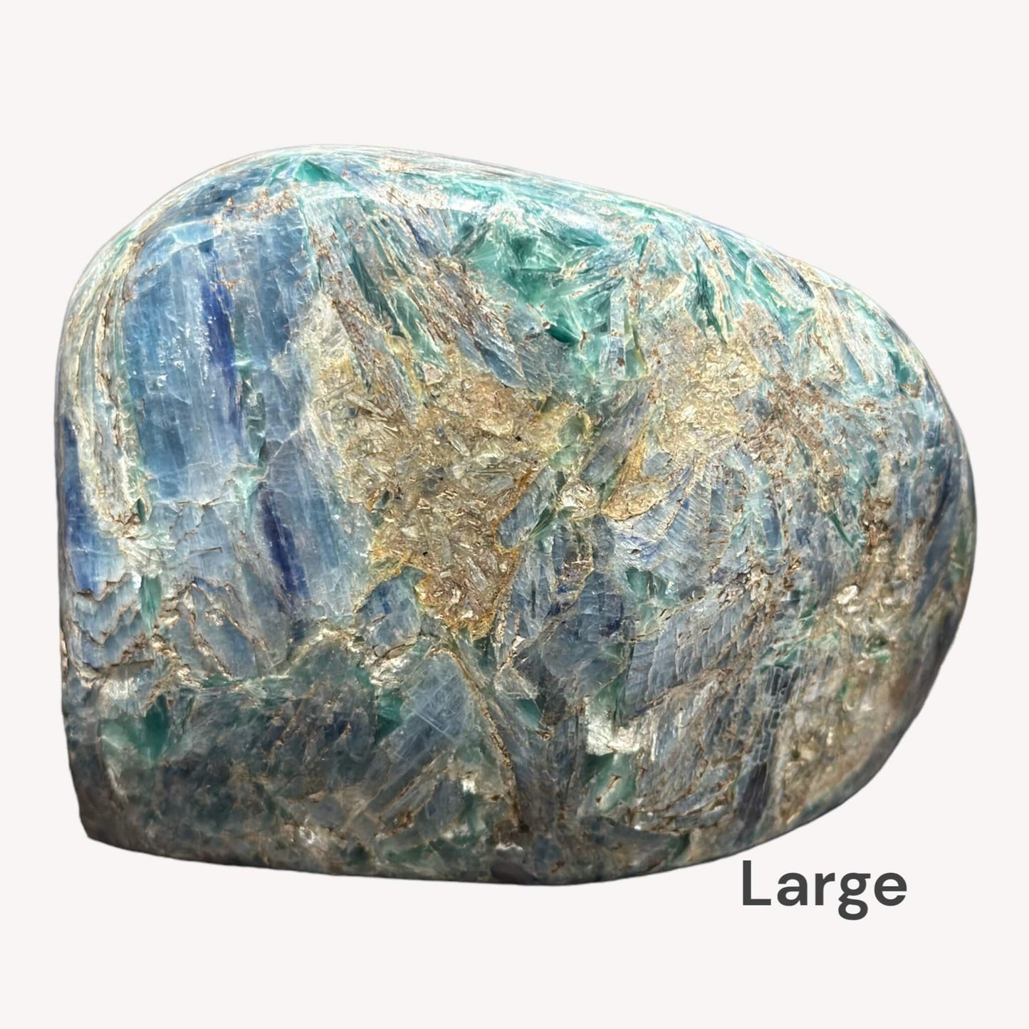 Front view of a stunning large Polished Kyanite piece. The smooth, reflective surface accentuates the intricate patterns and rich blue tones, making it an ideal addition to any crystal collection.