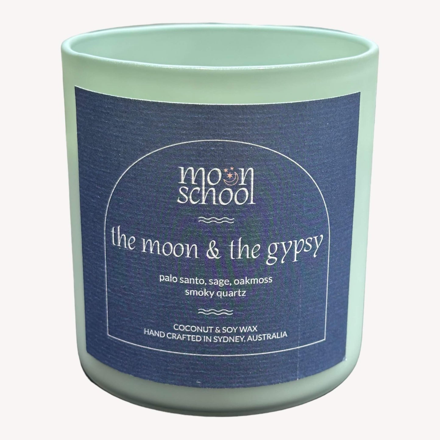 Front view of small The Moon and The Gypsy candle jar