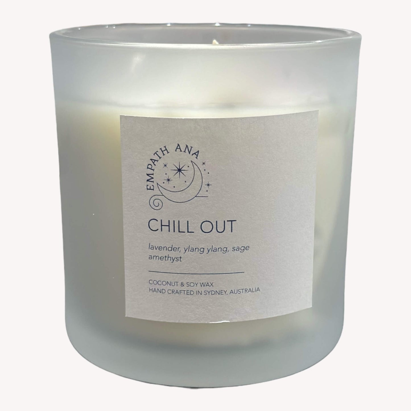
                  
                    Front view of Empath Ana's Chill Out Crystal Candle in the Large size (400 mls). Clear Quartz crystals accentuate the soothing vibes, radiating positivity and healing energy
                  
                