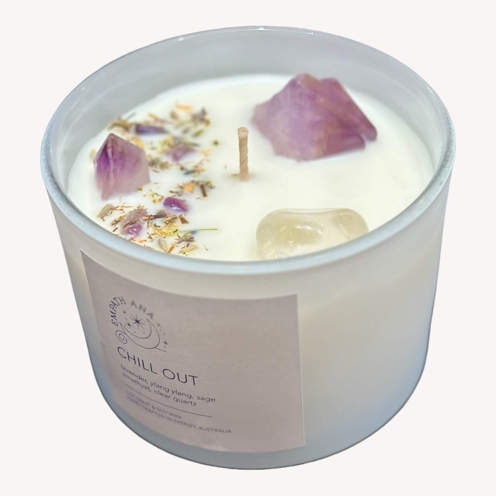 
                  
                    op view of Empath Ana's Chill Out Crystal Candle in the X-Large size (500 mls). A beautiful arrangement of Clear Quartz, Amethyst crystals, and fragrant herbs create a calming and positive energy-infused display.
                  
                
