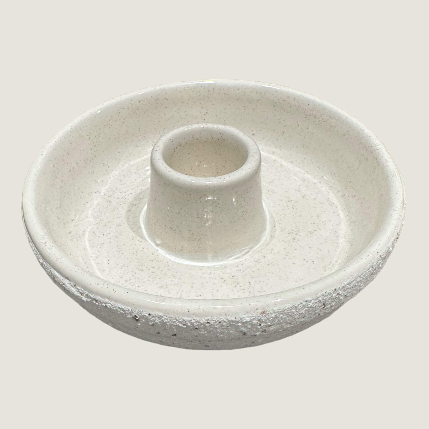 Alt text for the image showing the white speckled ceramic dish on its own: A white speckled ceramic dish, 11cm in diameter and 3.7cm in height. Ideal for holding Palo Santo sticks and capturing ash.
