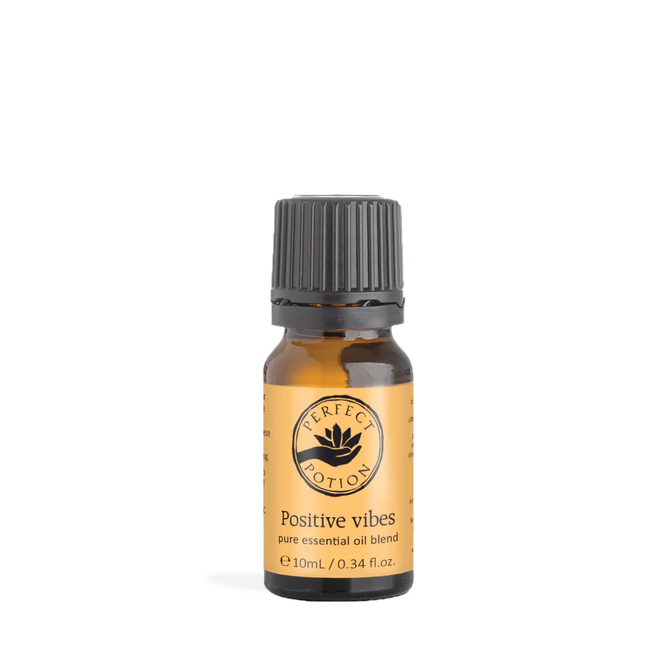 A bottle of Positive Vibes Blend essential oil, featuring a label with vibrant colors and the blend's uplifting ingredients.