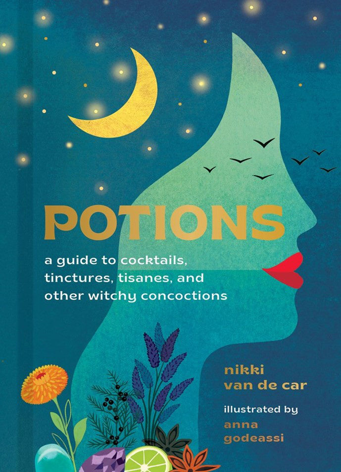 Book cover of "Potions" by Nikki Van De Car, featuring magical illustrations and a blend of witchcraft and cocktail craft.
