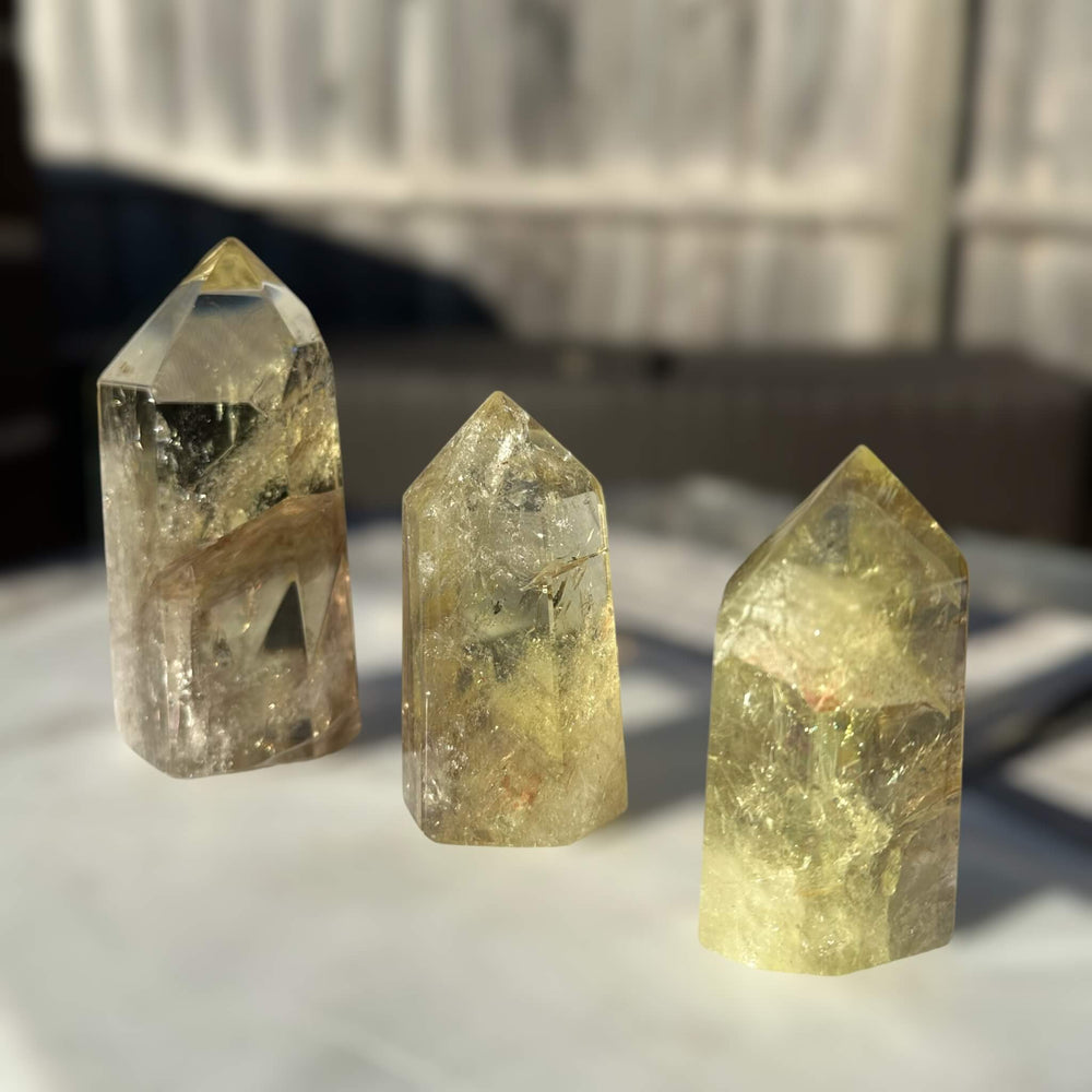 Three Lemon Smoky Quartz Crystal Generators - varying in sizes of 10cm, 7.5cm and 7.3cm high. Each crystal exhibits unique formations and shades, creating a captivating display.
