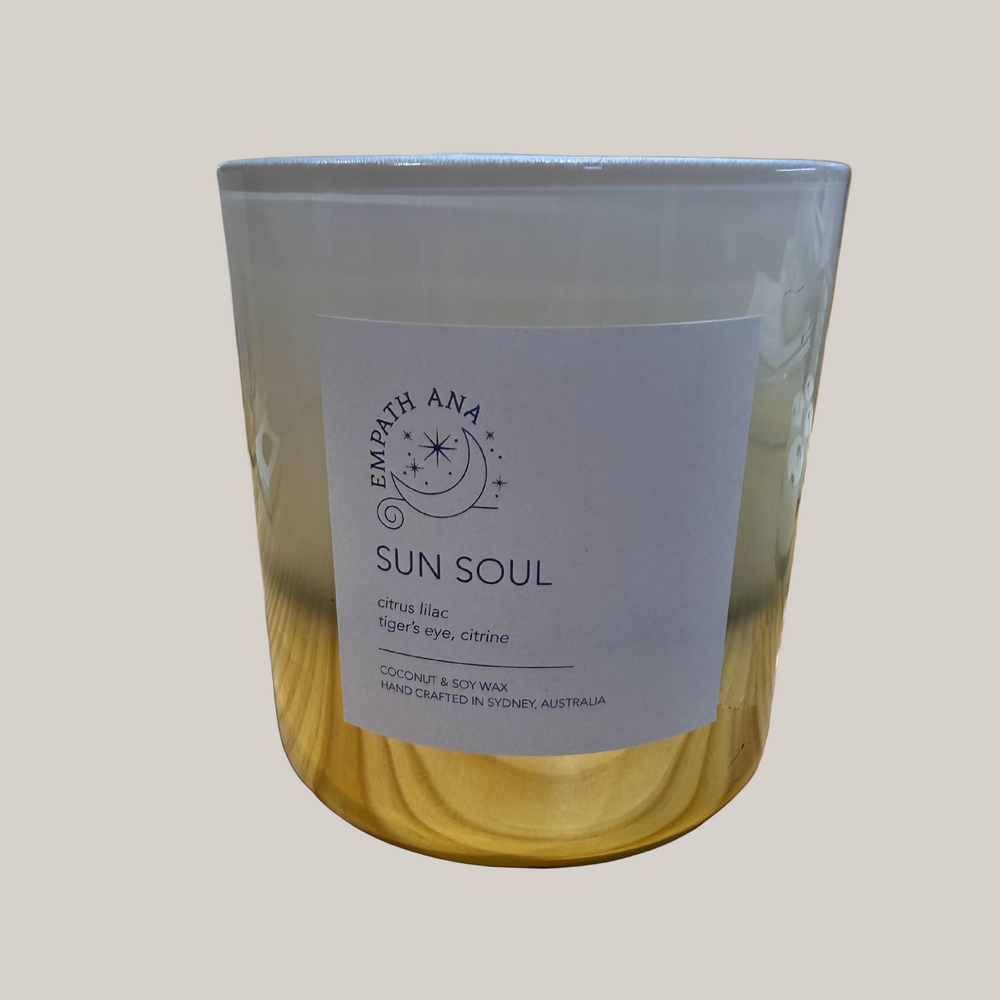 Sun Soul Crystal Candle front facing of white and gold jar with label
