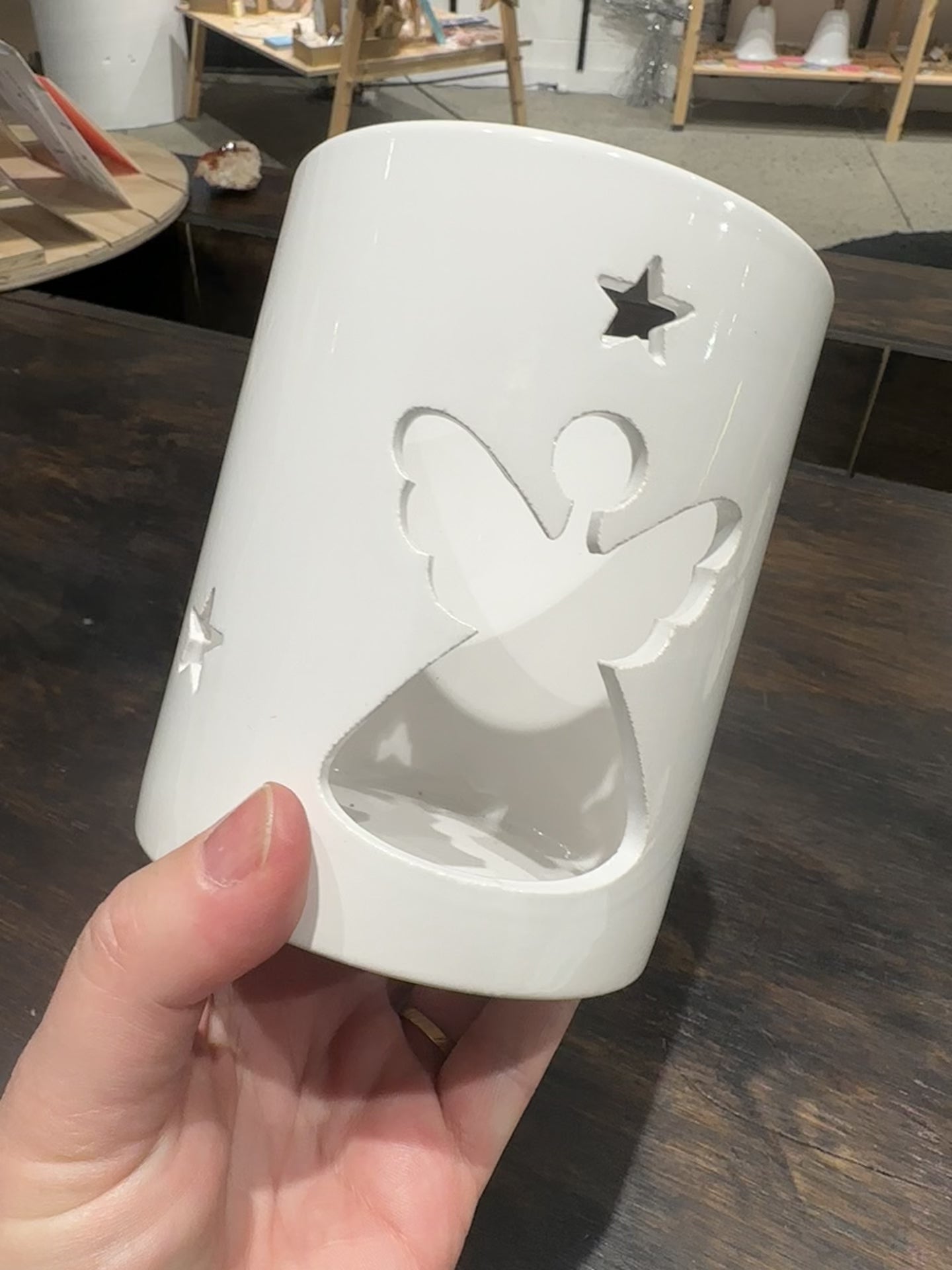
                  
                    Load and play video in Gallery viewer, simple circular white ceramic vessel in handwith an Angel and Star cut for candle holder for a tealight, votive or small candle jar to bring that special joyous feel to any Christmas table or altar.
                  
                