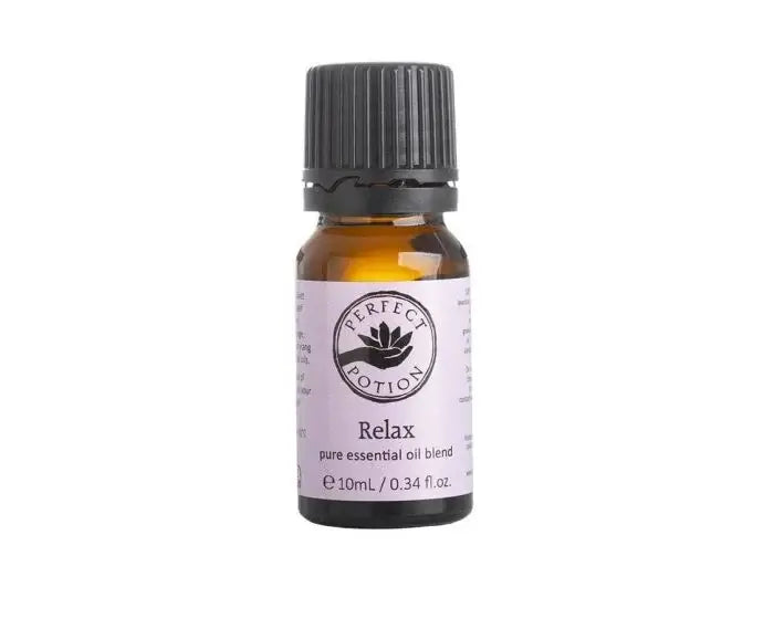 Relax Essential Oil Blend - 10mL bottle with lavender, sweet orange, geranium, and ylang ylang oils. Soothing floral aroma, light citrus, deeply relaxing. Perfect for self-care and a sense of calm. Featured ingredients: lavender, geranium, sweet orange. 100% pure essential oils: lavandula angustifolia (lavender), citrus sinensis (sweet orange), pelargonium graveolens (geranium), cananga odorata (ylang ylang).